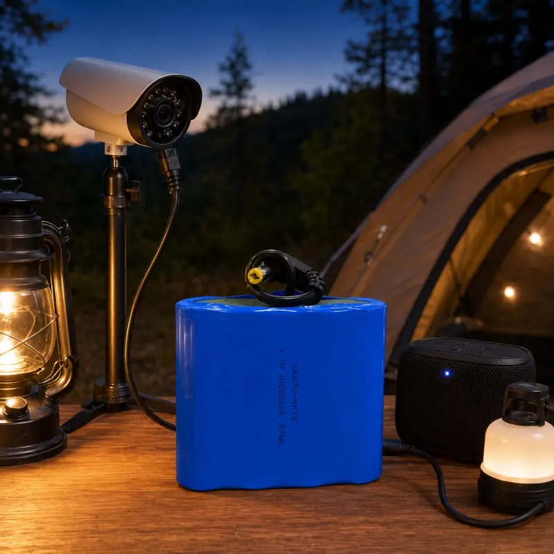 Pacco batteria ricaricabile 3,7V 10000mAh che alimenta fotocamera esterna, altoparlante e accessori da campeggio