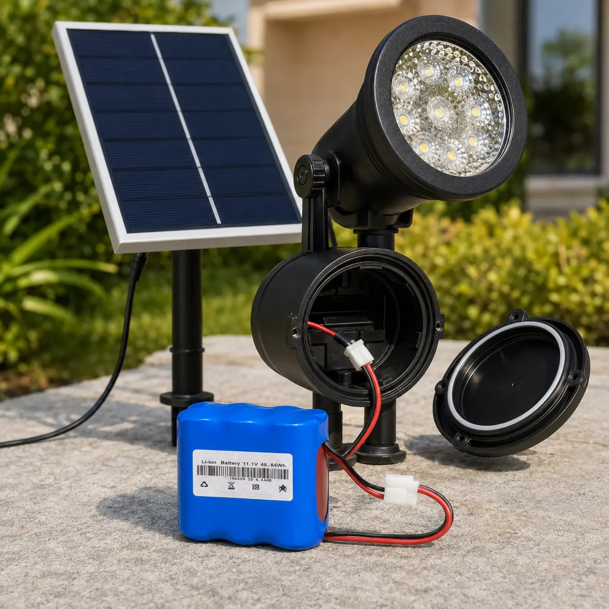 Pacco batterie solari con connettore e impianto di illuminazione esterna