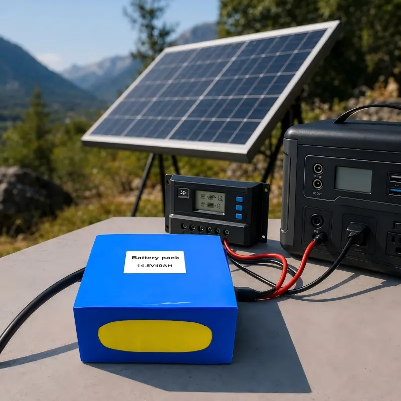Scena applicativa del sistema solare con pacco batteria e cablaggio da 14,8V 40Ah