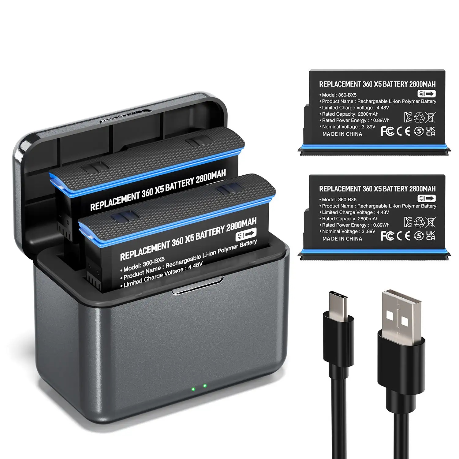 Batterie sostitutive da 2 pack da 2400mAh con caricatore a doppia scanalatura compatibile con la fotocamera Insta360 X5.