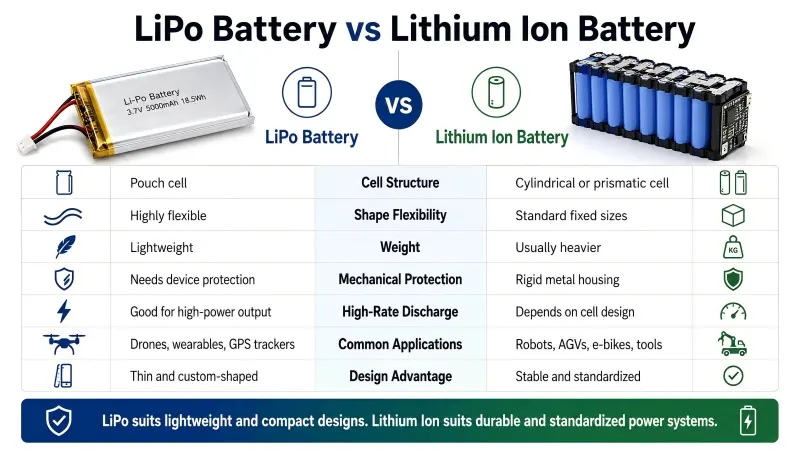 Confronto tra batterie LiPo e batterie agli ioni di litio mostrando differenze in struttura, peso, flessibilità, protezione, prestazioni di scarica e applicazioni